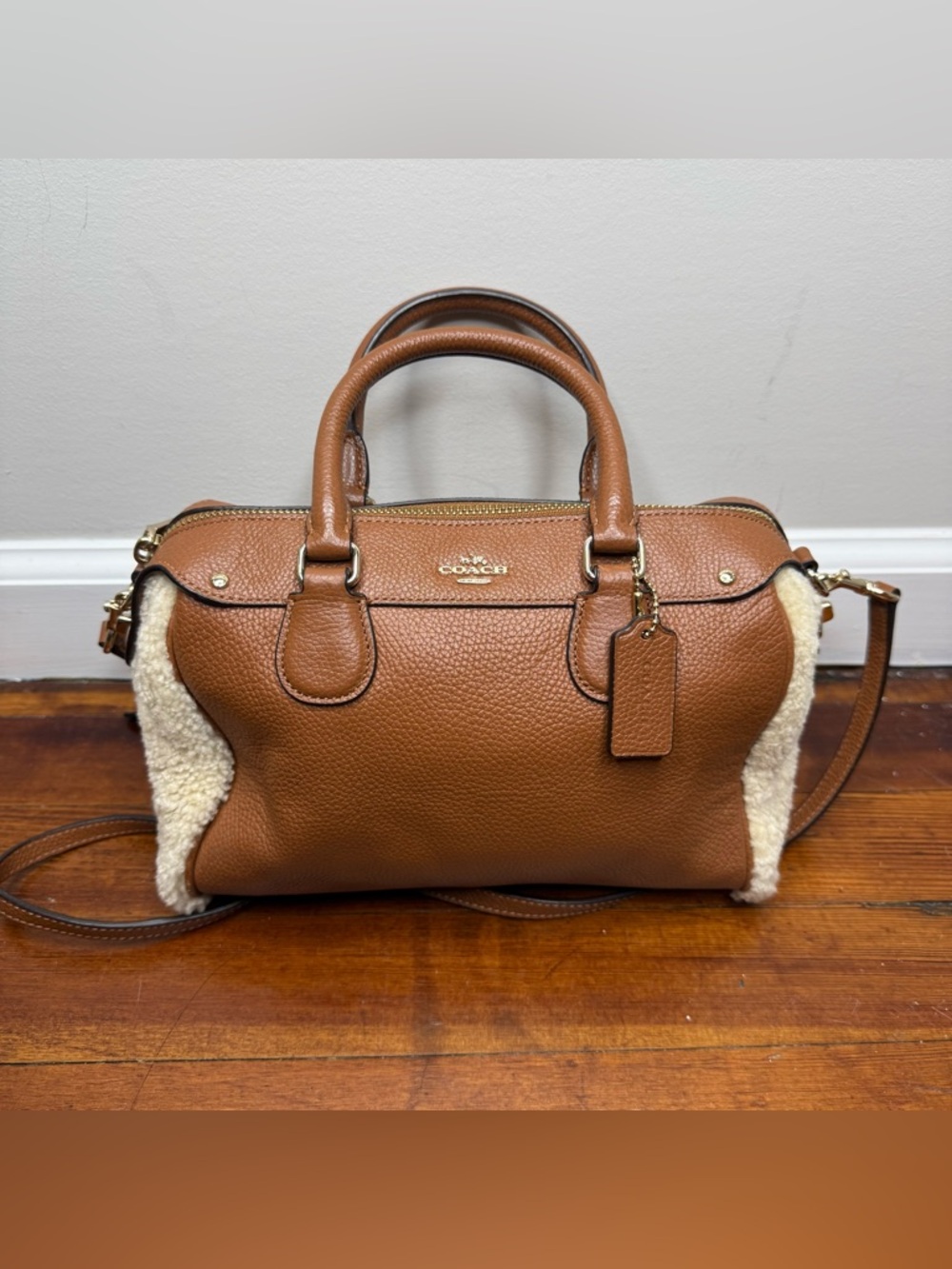 Coach Brown Pebbled Leather Satchel with Shearling Trim